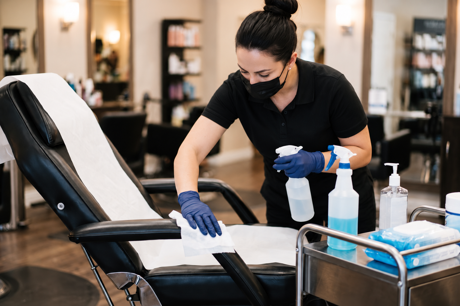 Cleaner wiping a treatment chair in a salon