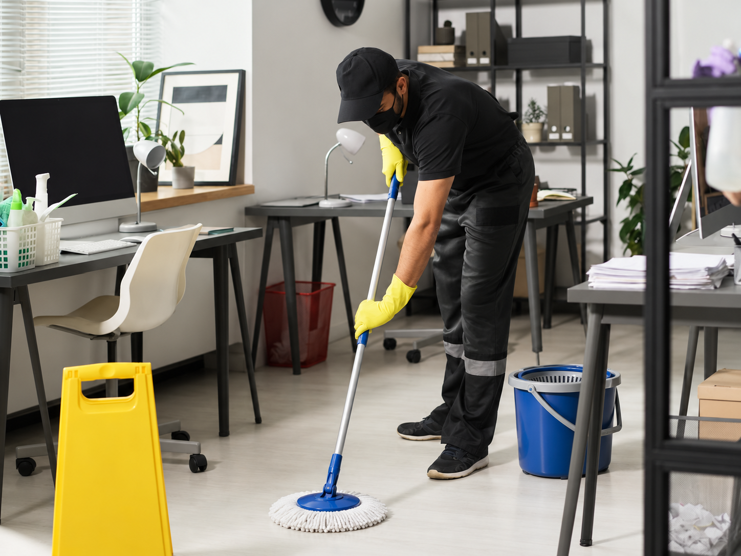Cleaner mopping an office floor between desks